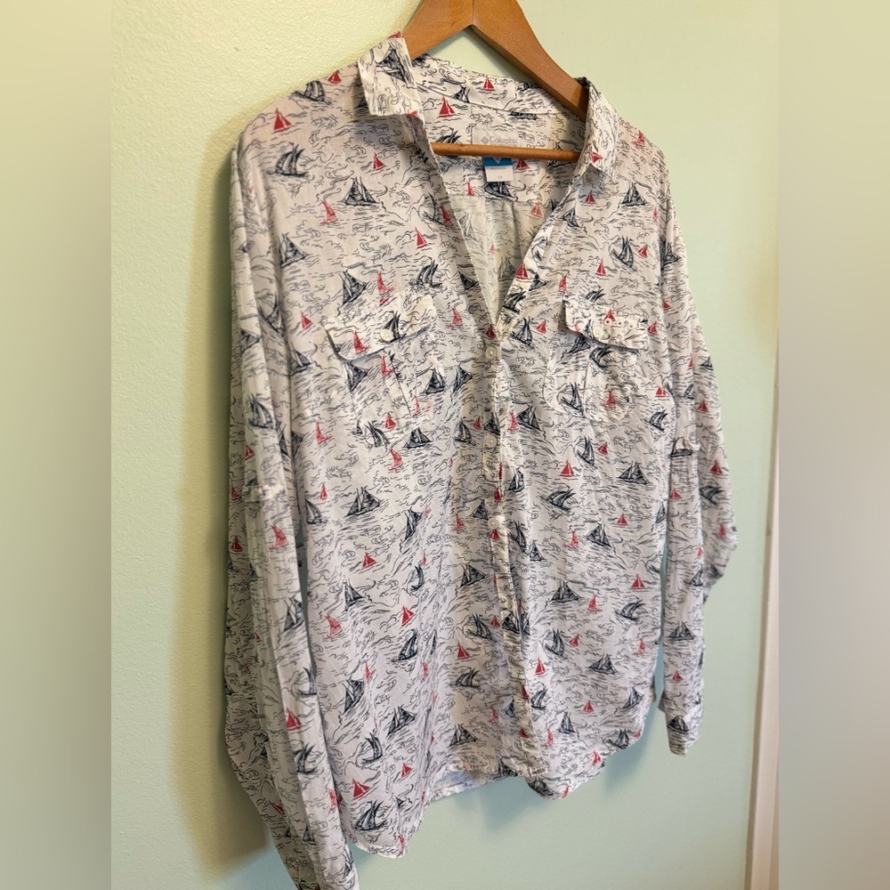 Columbia Women's Button Down Shirt - White with Red and Blue Print - Picture 5 of 11